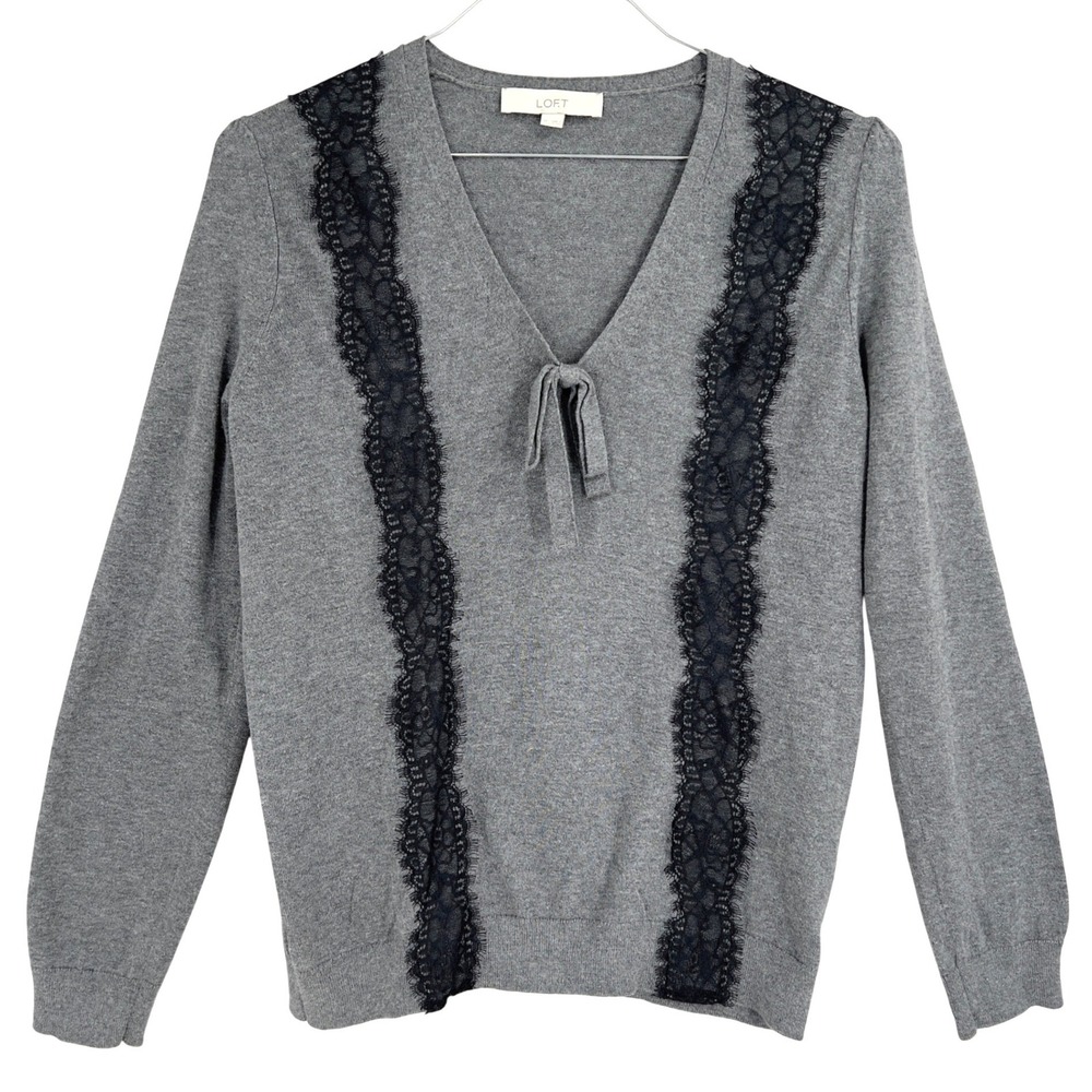 LOFT‎ Womens V-Neck Thin Sweater Gray Black Lace Tie Front Cotton Blend M